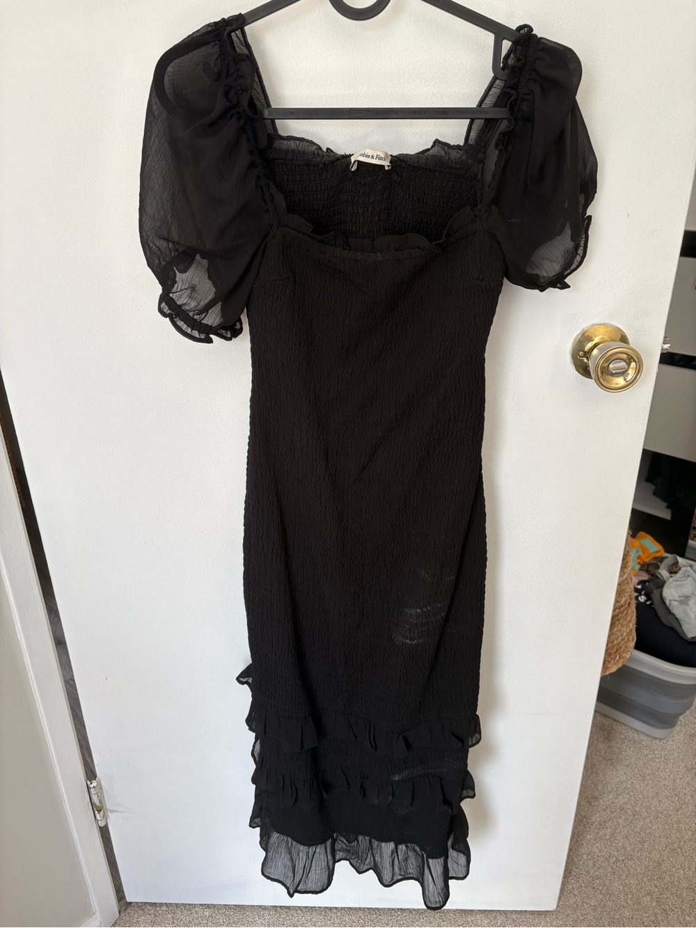 Abercrombie & Fitch Smocked Black Puff-Sleeve Ruffle Midi Dress